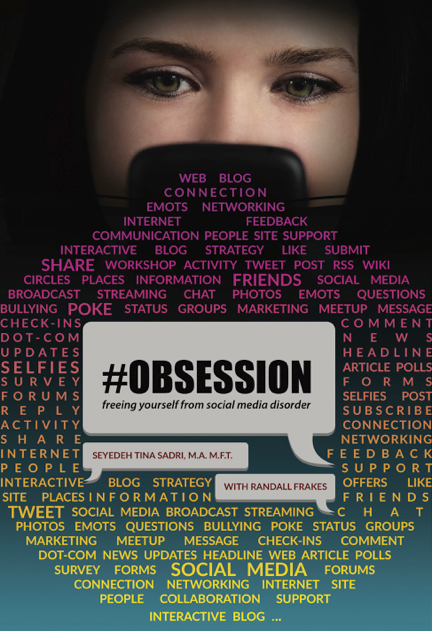 Book cover for "Obsession", by Seyedeh Tina Sadri: woman face partially covered by blocks of type