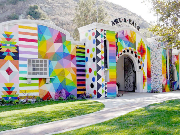 Laguna Art-A-Fair building entrance painted with various geometric shapes in vibrant colors.